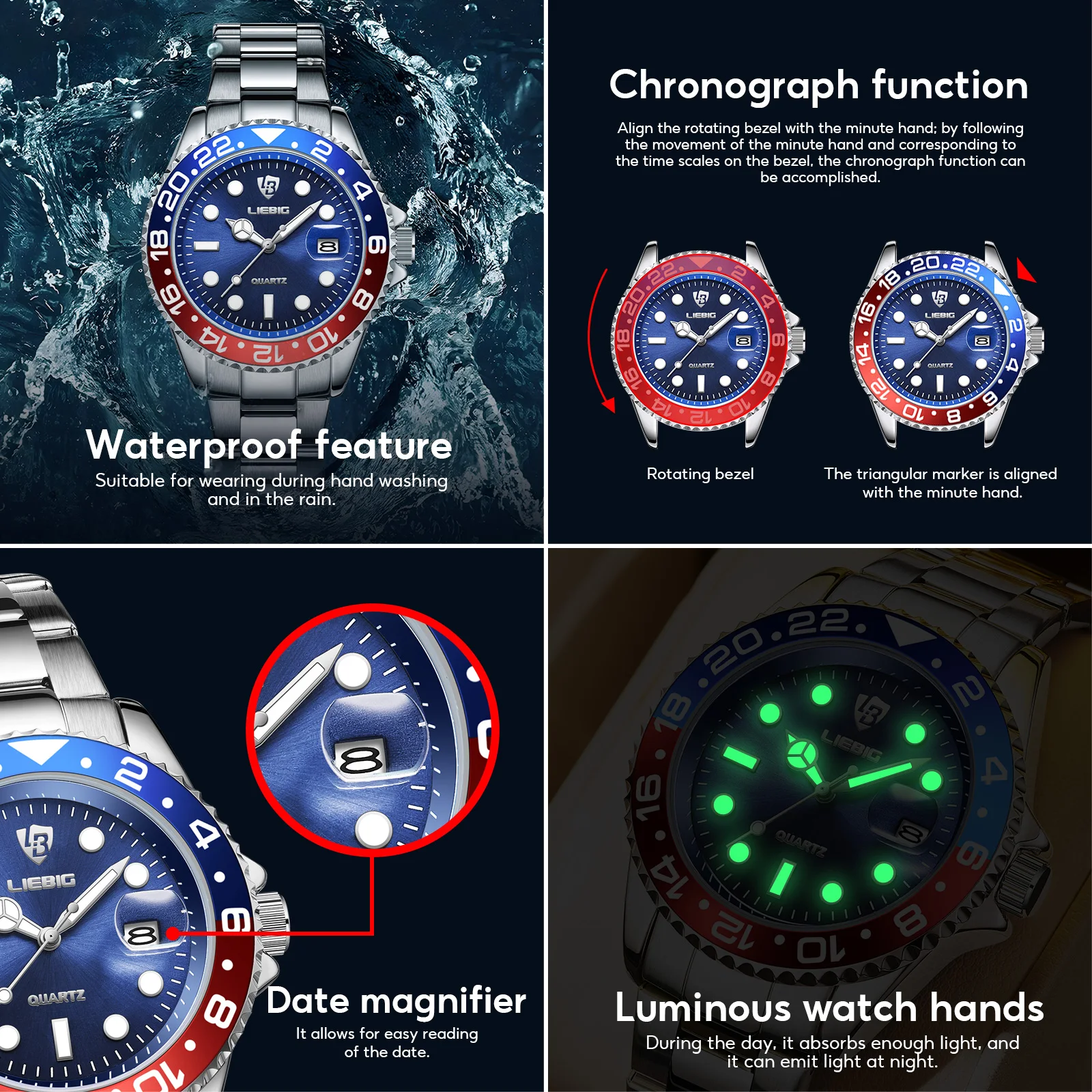 LIEBIG, reloj de pulsera clásico de negocios con movimiento de cuarzo luminoso, reloj de pulsera de moda con correa de acero inoxidable resistente al agua de lujo para hombres y mujeres