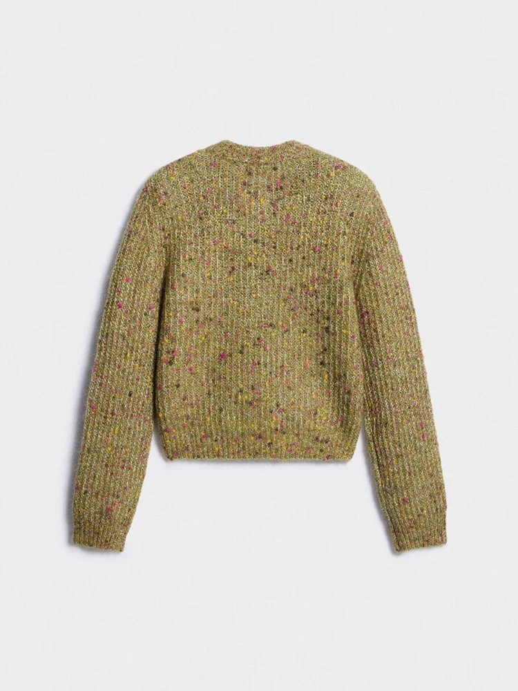 Damen Kurz-Strickjacke mit Sprenkelmuster, Rundhalsausschnitt, Metallknöpfen vorne, Langen Ärmeln, Schmaler Passform, Lässige Damen-Oberbekleidung – Detail 1