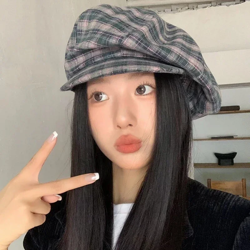 Vintage Contrasting Color Plaid Octagonal Hats Women Spring Summer Travel Photo Versatile Fashion Sunscreen Retro Cloud Berets