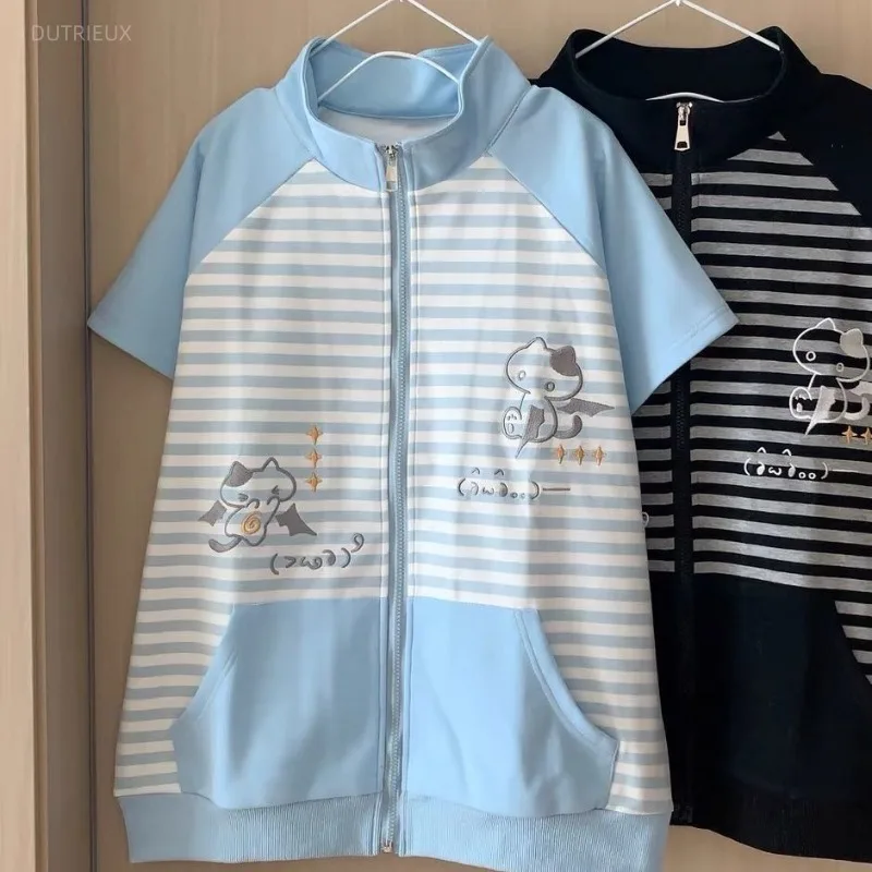 تيشيرتات نسائية يابانية مخططة 2025 Ropa Mujer بأكمام قصيرة ورقبة ثابتة تي شيرت نصف سحاب Camisetas Y2k تي شيرت صيفي غير رسمي #1