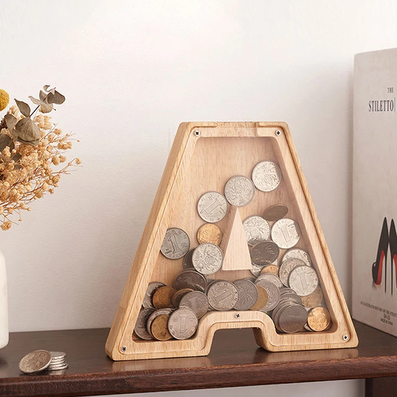 بنك أصبع المال للأطفال ، صندوق حفظ الحروف الخشبية ، زخرفة سطح المكتب ، مشغولات ديكور منزلية ، نقود عملات معدنية ، 26 أبجدية