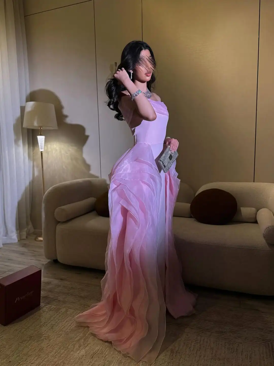 Ofherown Pink Tiered Ruffles Organza Evening Dresses Off The Shoulders Prom Gowns Pleat Vestidos De Noches for Wedding Gala