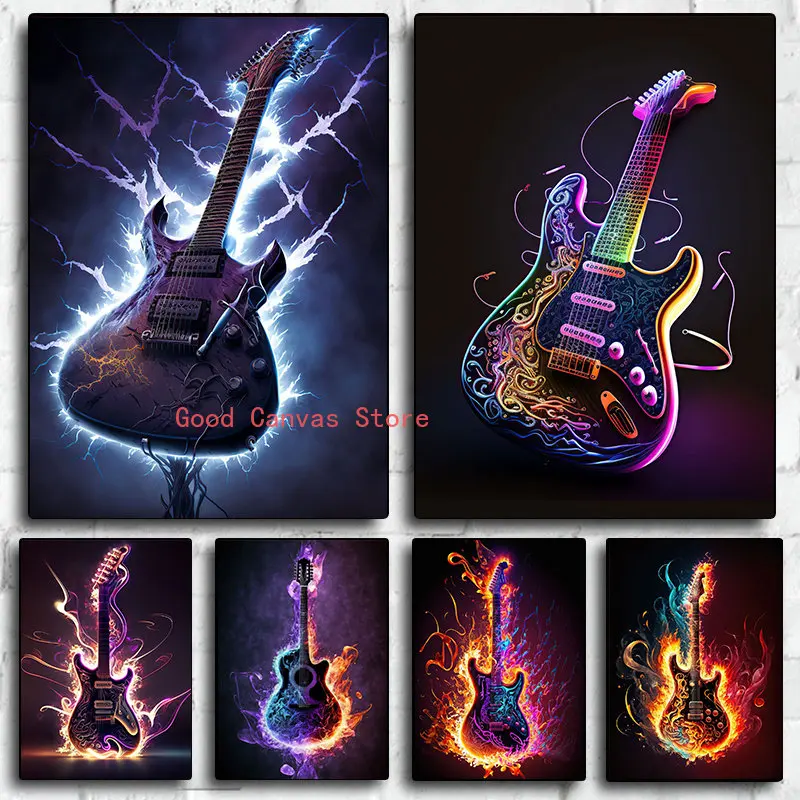 Guitar Fire Posters Electric Guitar Neon Guitar Canvas Painting HD Print Abstract Wall Art Pictures for Living Room Home Decor