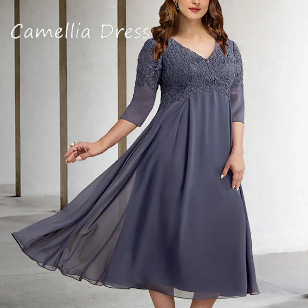 Elegant Female Dress V Neck A Line Wedding Party Dresses Chiffon Lace Mother of Bride Dresses Mid Calf Length Robe De Soirée