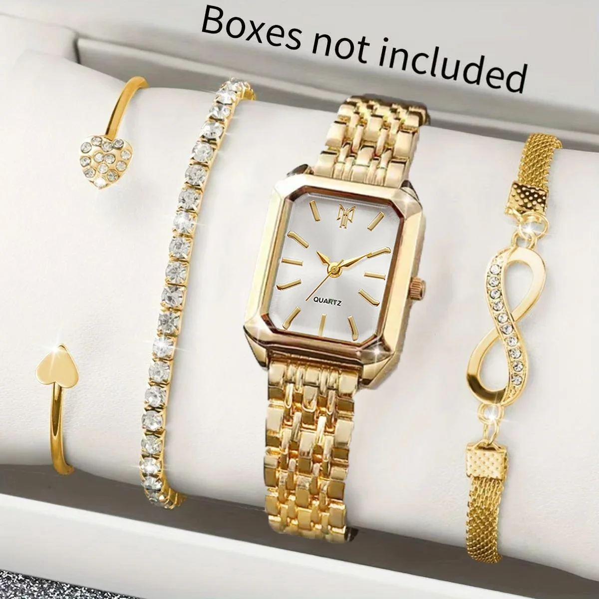 

Gold Square Quartz Watches Set For Women, 4 Pieces, Free Bracelet, Valentine's Day Gift, Graduation Gift For School