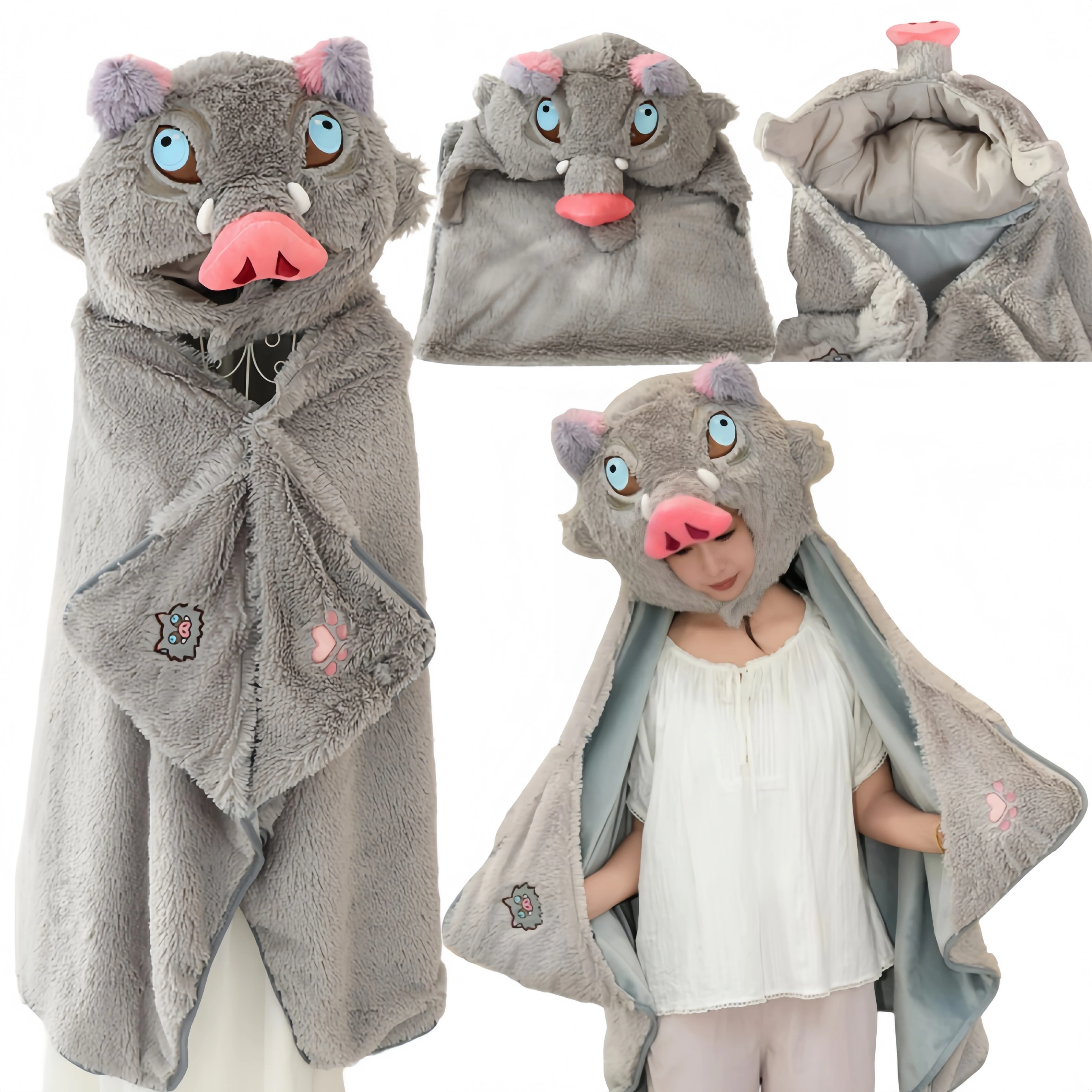 

Cute Hashibira Inosuke Cosplay Cloak Wearable Flannel Blanket Cute Wild Boar Hooded foldable Blanket Fans Xmas Gift