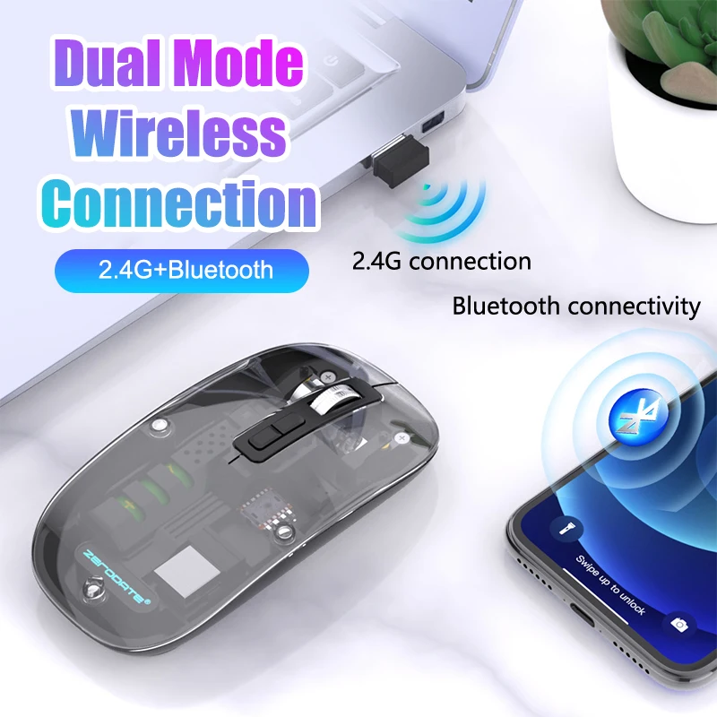 Transparent Wireless Mouse Dual Mode Bluetooth-compatible Rechargeable Mouse Noiseless Cordless Computer Mice For PC Laptop