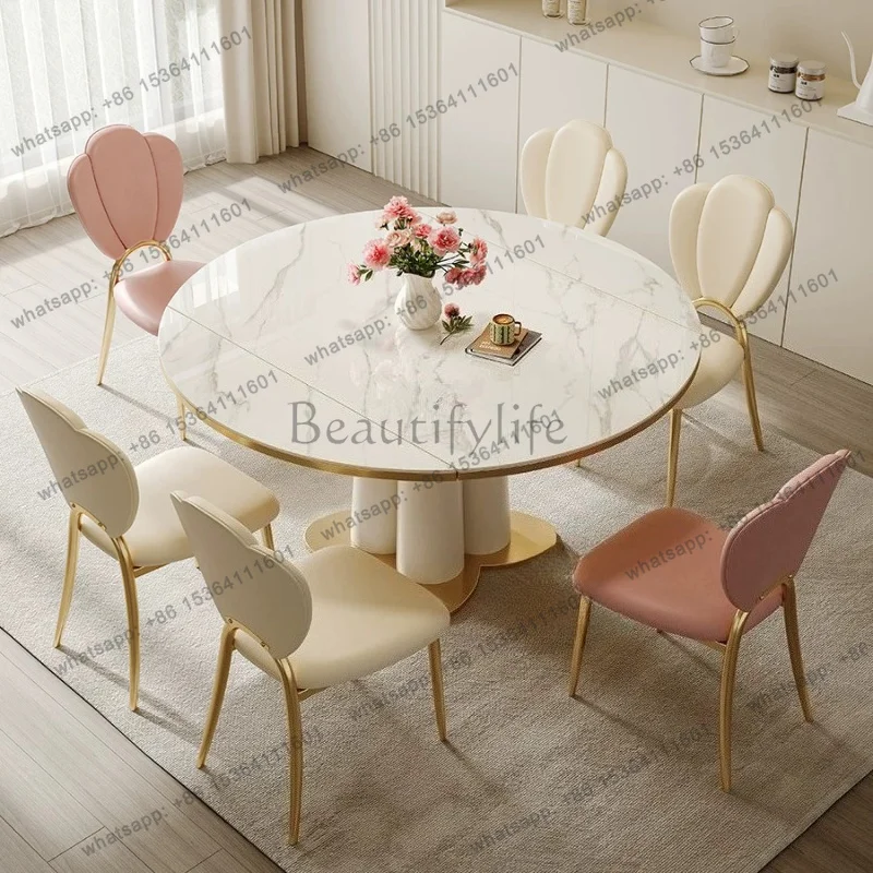 LJY Luxury Cream Style Rock Slab Dining Table Modern Simple Retractable Folding Square and Round Dining Tables and Sets of 6 Cha