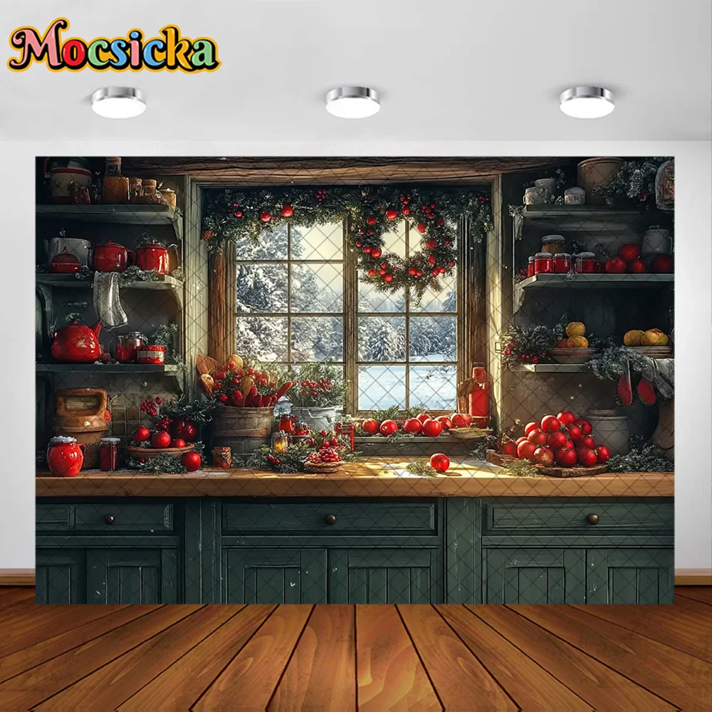 Mocsicka fotografia fundo natal cozinha armário maçã decoração pano de fundo família crianças natal festa de férias baile estúdio