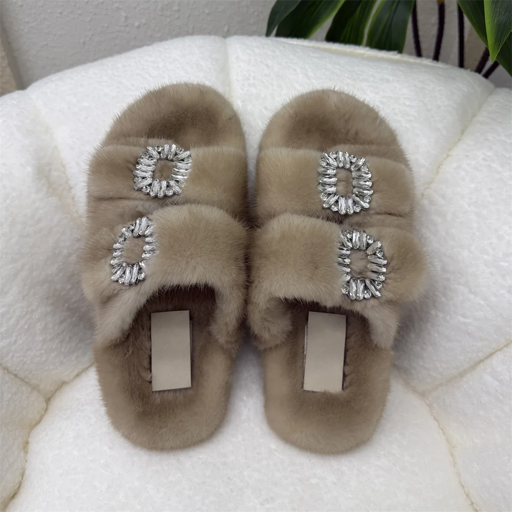 Echte Nerzfell-Damen-Slipper mit doppeltem Riemen, glänzender Strass-Schnalle, luxuriöse, flauschige Sandalen, warme Winter-Hausschuhe für drinnen und draußen, flache Schuhe – Detail 6