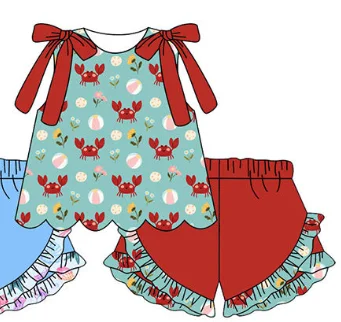 Boutique Kid's Girls' Set Round Neck sleeveless top Pair with ruffled shorts  Bow Decoration Popsicle bow Seabed animals Prints