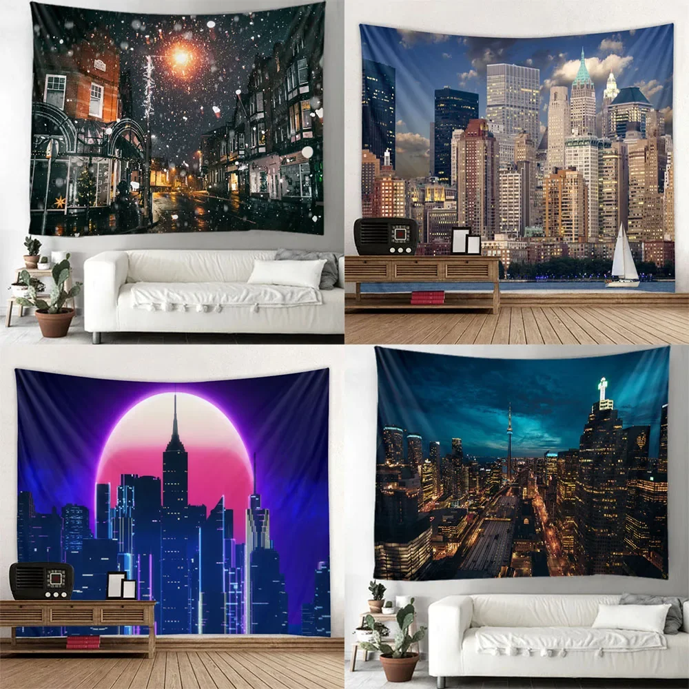 Cityscape Tapestry City Night Scene Home Art Backdrop Cloth  Bed Sheet Sofa Blanket Beach Mat Yoga