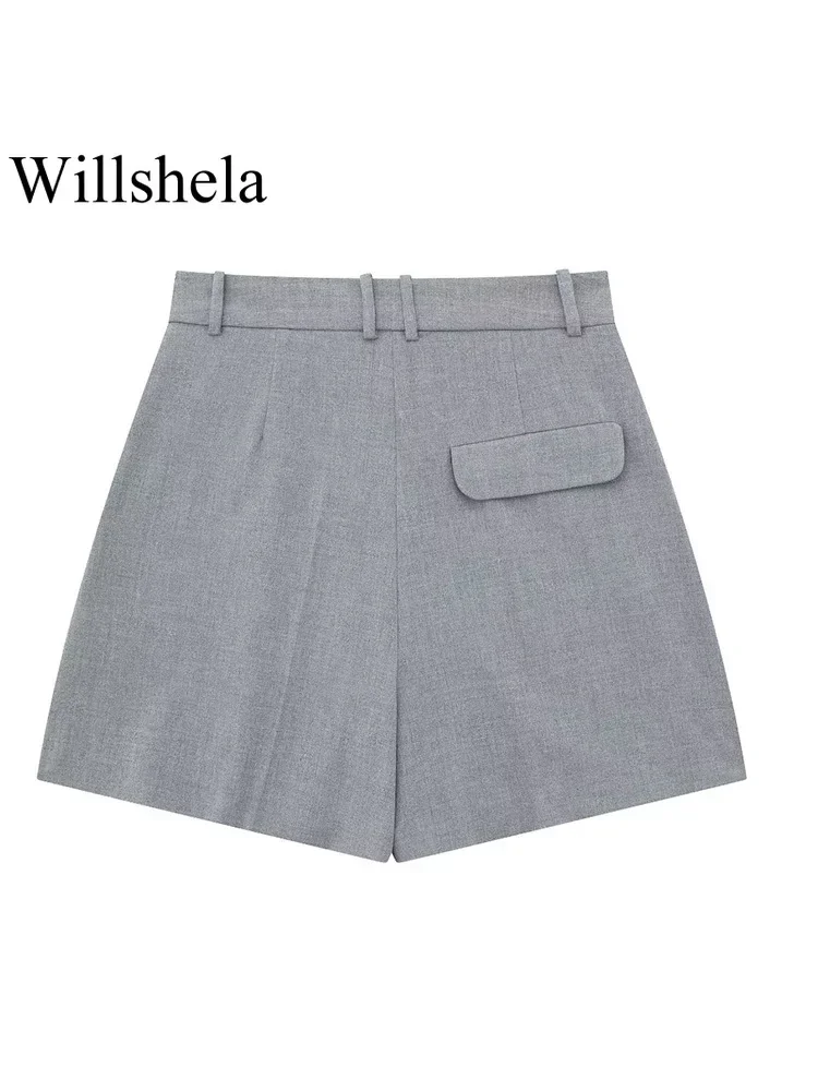 Willshela Women Fashion 2 Piece Set Grey Single Breasted V-Neck Vest & Vintage High Waist Shorts Female Chic Lady Shorts Set