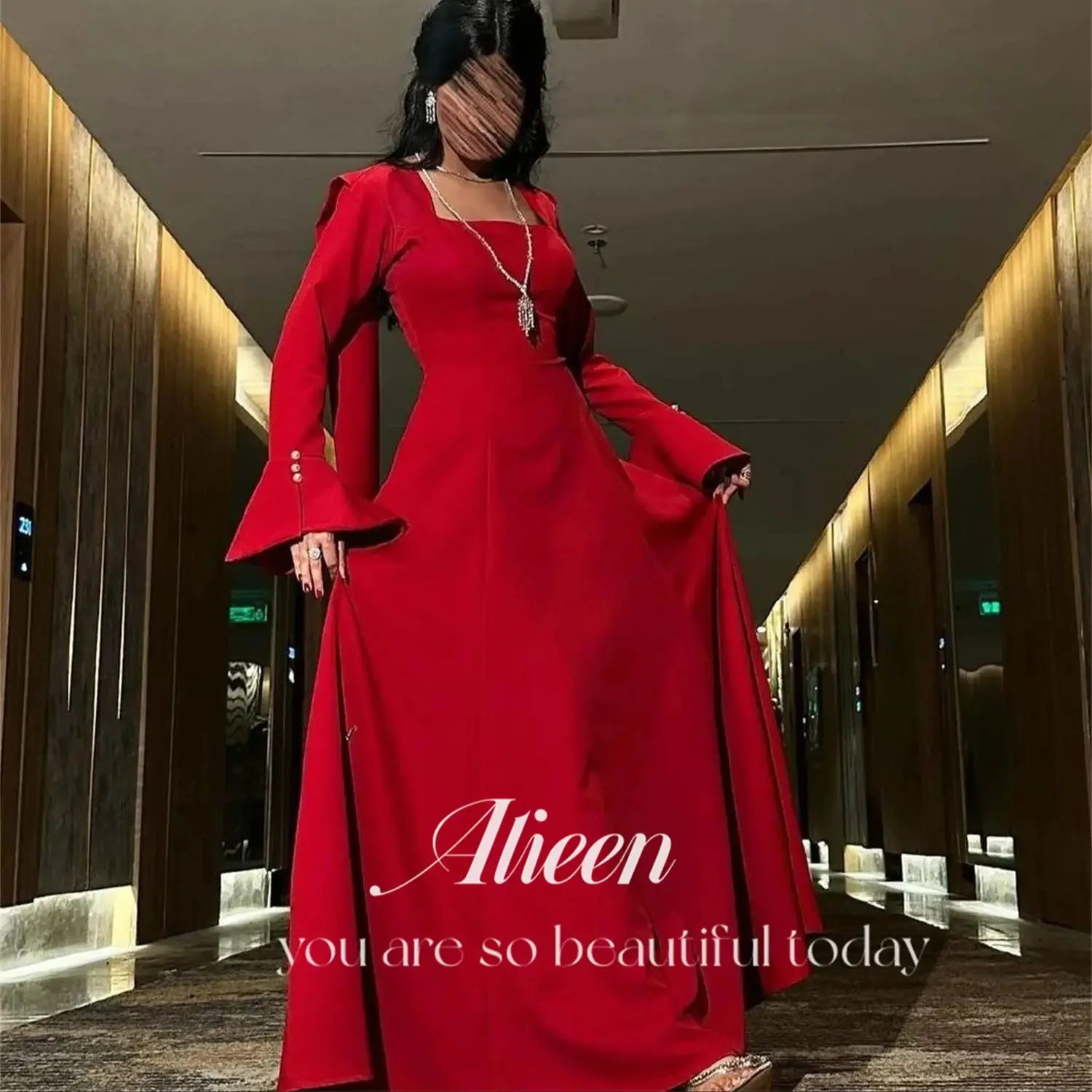 

Long Sleeves Square Collar Red Dresses Gala Wedding Party Dress Evening Elegant Woman Prom Customized Graduation Women Luxury