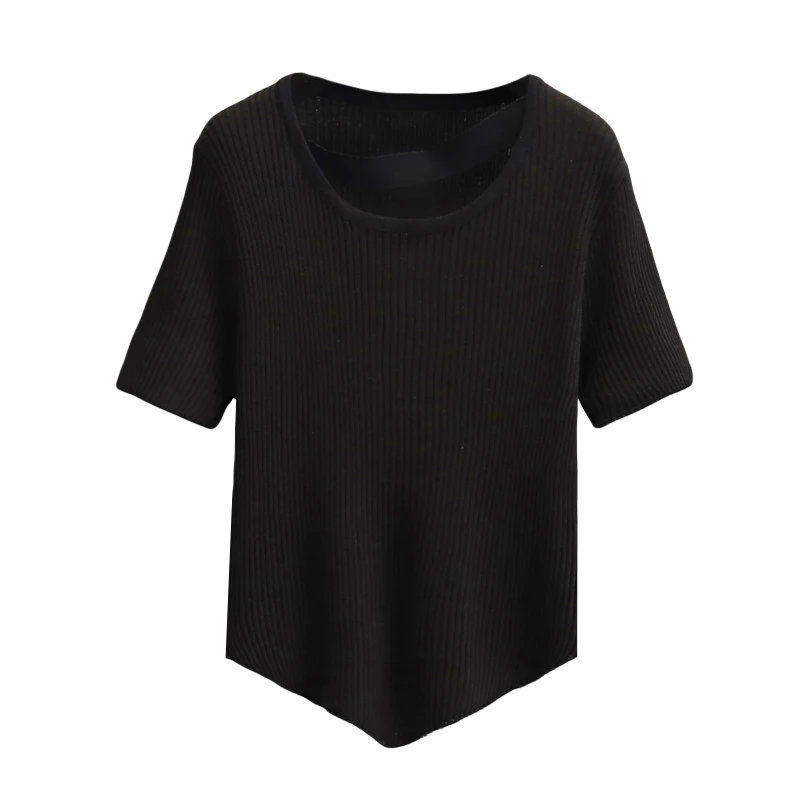 Jersey de manga corta para mujer, jersey liso de punto, Tops de cuello redondo, Jersey coreano para mujer, blanco y negro, 2022