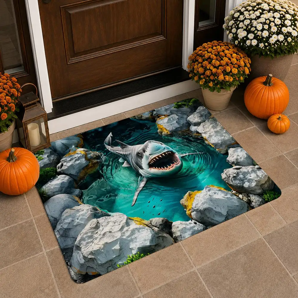 Realistic 3D Shark Ocean Hole Illusion Artwork Floor Mat Soft Flannel Non Slip Absorbent Entryway Bathroom Bedroom Garage