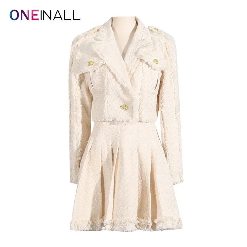 ONEINALL Spliced Tassel Two Piece Sets For Women Lapel Long Sleeve Tops High Waist Pleated Mini Skirt Fashion Set Female Spring