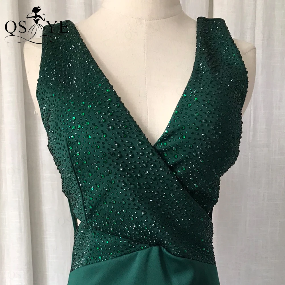 Emerald Rekbaar Avondjurken Kriskras Taille V-hals Mermaid Satin Sexy Split Hete Boor Sequin Ingericht Green Party Dress