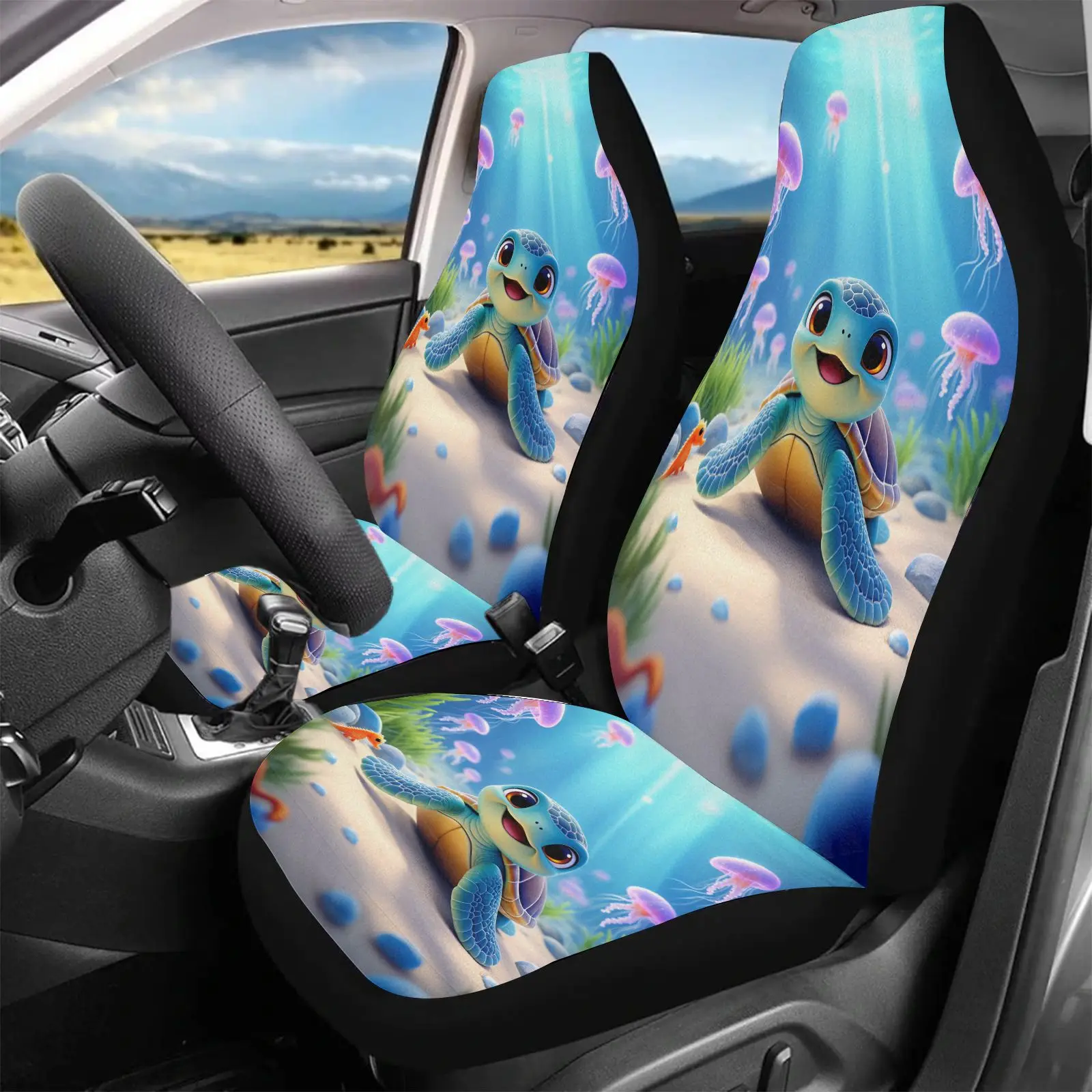 Blue Turtle And Jellyfish Ocean Theme Car Seat Covers | Non- Polyester Fabric, Universal Fit For Car Interior Decoration