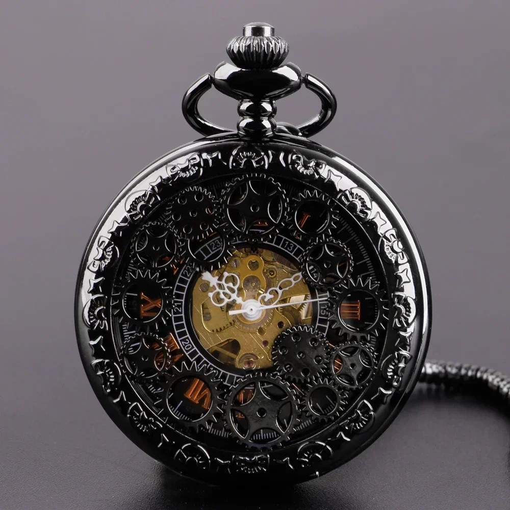 

Royal Roman Numerals Men's Manual Mechanical Pocket Watch Black Gears Hollow Design Pocket Chain Pendant Vintage Clock PJX1586