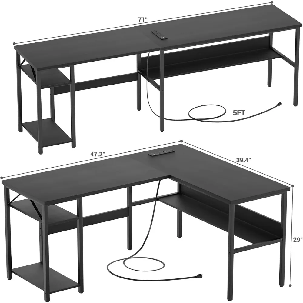 L Shaped Computer Desk with Power Outlets and USB Charging Ports, Sturdy Corner Desk with Storage Shelf