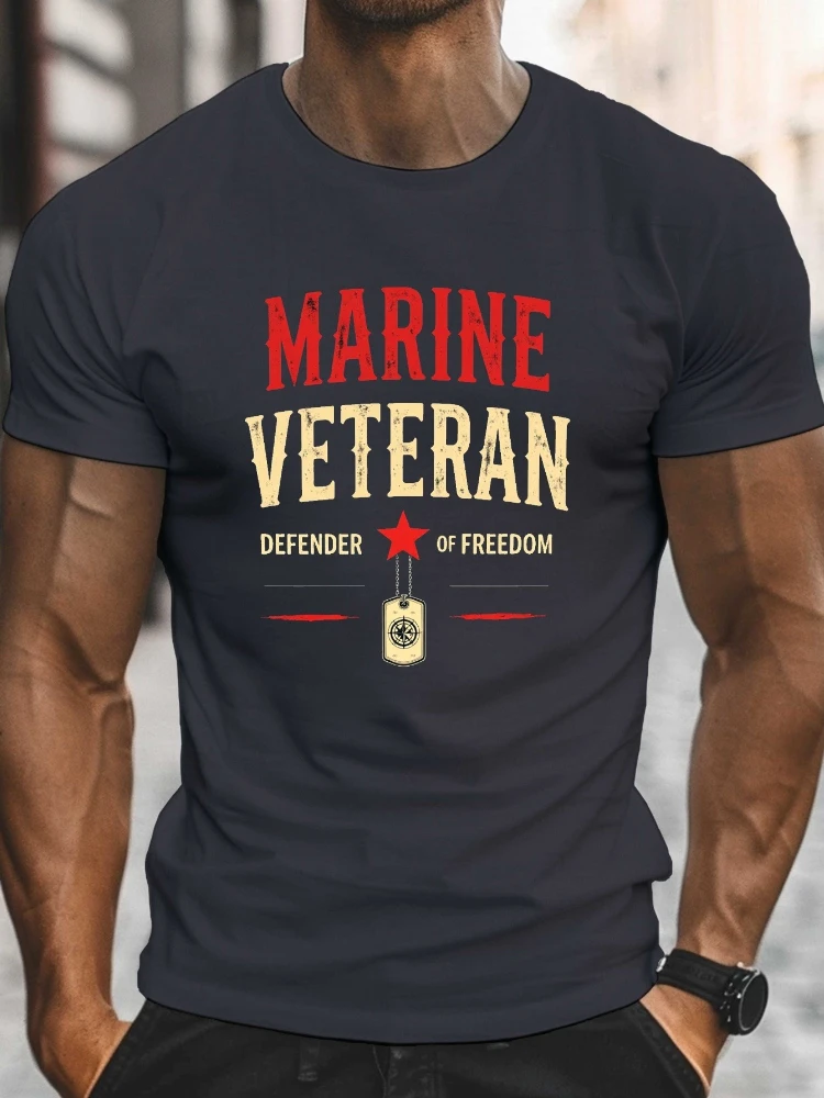 Marine Veteran Defender of Freedom with Marine Corps Insignia design-100% cotton O-neck short sleeve printed men's T-shirt.