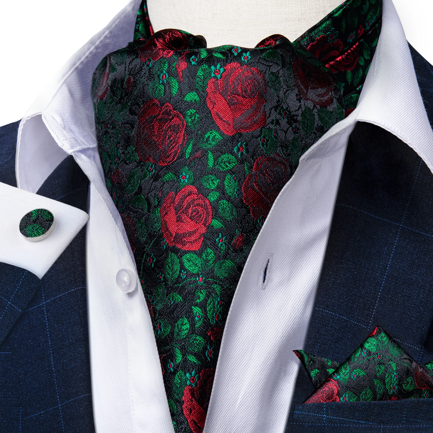 Green Silk Men\'s Ascot Red Rose Pattern Luxury Pocket Square Cufflinks Fashion Business Wedding British Cravat Party Tie for Man