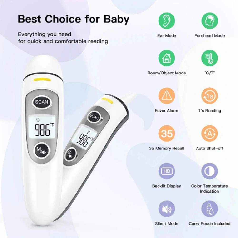 

Digital Ear Thermometer Non-Contact Baby Ear and Forehead Mode Ideal for Family Infrared LCD Fever IR Household Health Monitor