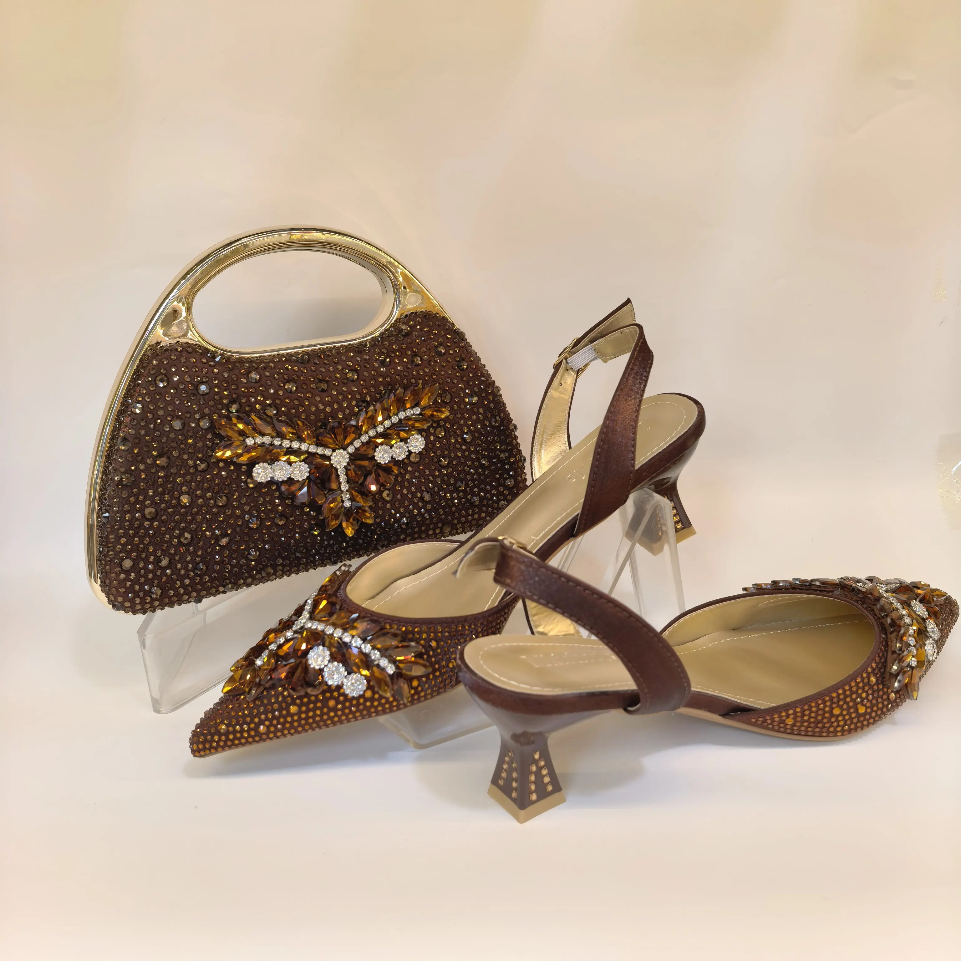 Fashion Elegant Woman Rhinestones Sandals and Bag Set for Party in Women Nigerian Popular High Heel Rhinestone Shoes F6-805-1
