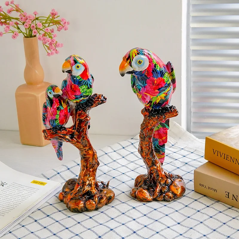 Painted Statue Parrot Creative Resin Craft Multicolor Parrot Figurine Sculpture for Living Room Cabinet Desktop Shelf Decoration