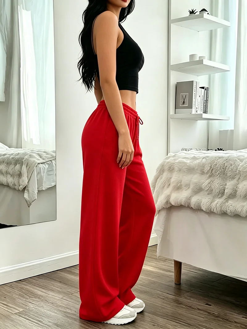 Women's Casual Comfortable Solid Color Vest Top And Wide Leg Pants Set Square Neck Hanging Neck Elastic Waist Strap Outfit view 5