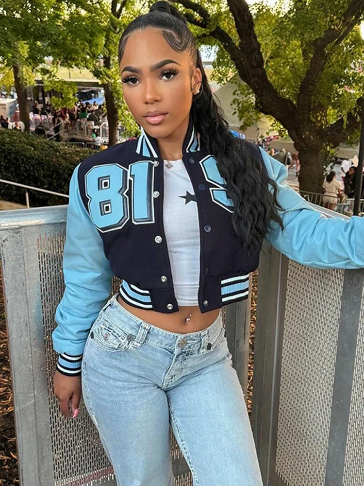 

Leosoxs Лоскутная униформа с буквенным принтом, женская хипстерская куртка из искусственной кожи с рукавами и пуговицами, укороченное пальто, теплая верхняя одежда, уличная одежда Y2k