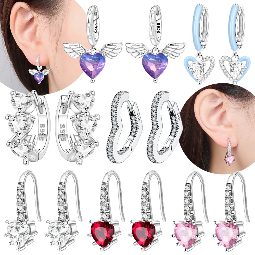 Winged Heart Multicolor  Hoop Earrings Original Silver Plated  Woman's Earring Valentine Anniversary Earrings Jewelry Fine Gift