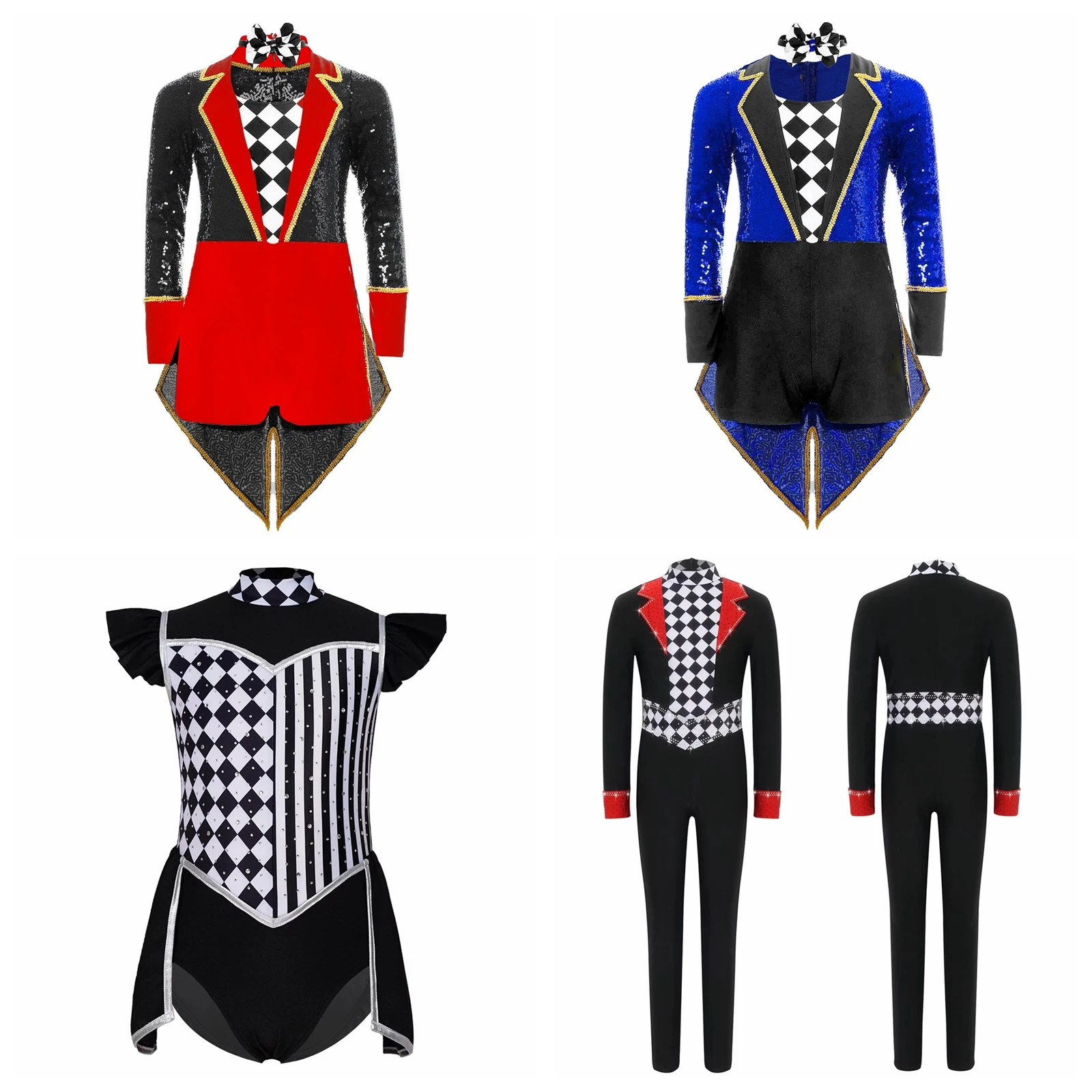 Kids Girls Stripes Bodysuit Circus Clown Costume Jumpsuit Checkerboard Bodysuit for Evil Jester Roleplay Masquerade Outfit