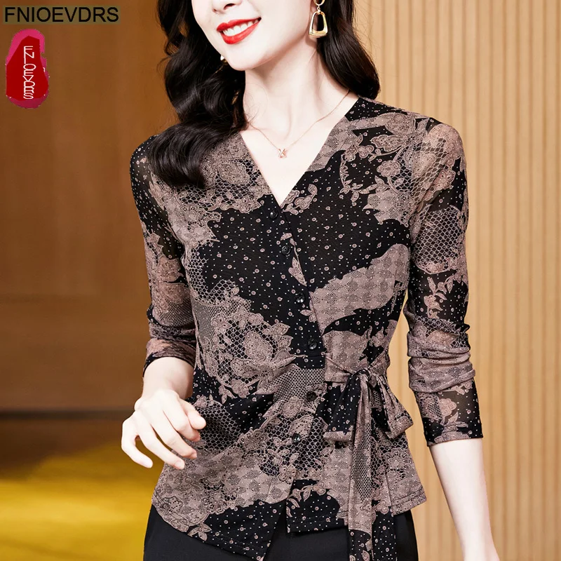 السنة الجديدة عيد الميلاد بقماش شفاف ربطة القوس فيونكة القمم البلوزات الدانتيل متابعة الأزهار طباعة ريترو خمر قمة أنيقة مكتب سيدة أساسيات القمصان #5