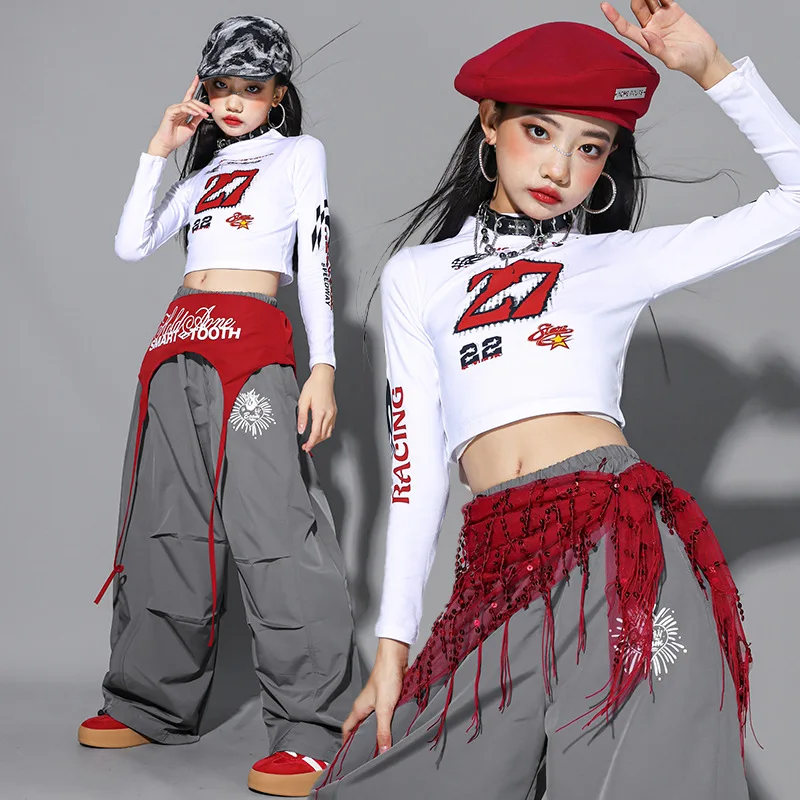 

2025 Jazz Dance Clothing Children Kpop Show Performance Wear White Crop Top Gray Hip Hop Pants Girls Street Dance Costume
