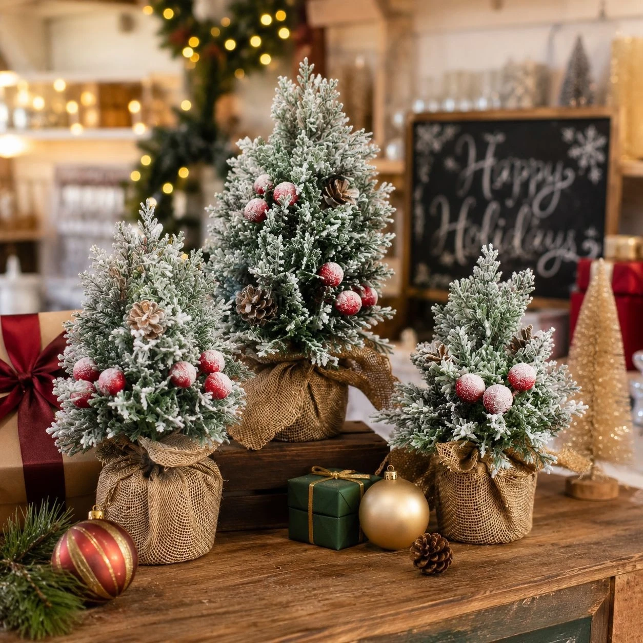 Mini Snow Covered Christmas Tree with Red Berries, Fabric Wrapped Tabletop Ornament for Shop Window Scene Decor