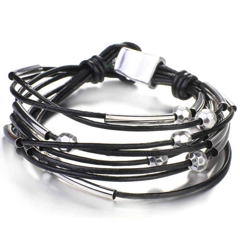 ALLYES Simple Handmade Black Leather Bracelets for Women Men Metal Beads Charm Multilayer Wrap Bracelet Female Jewelry