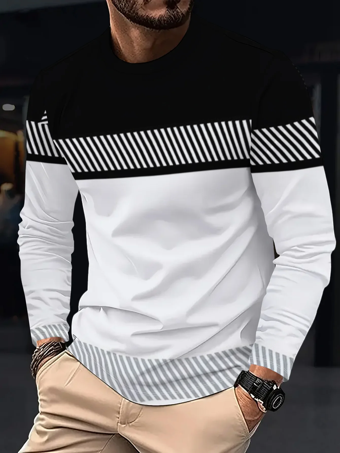 T-shirt à manches longues pour hommes, à imprimé géométrique, de style urbain et décontracté, tendance et à la mode, respirant, idéal pour les activités de plein air et pour la maison.