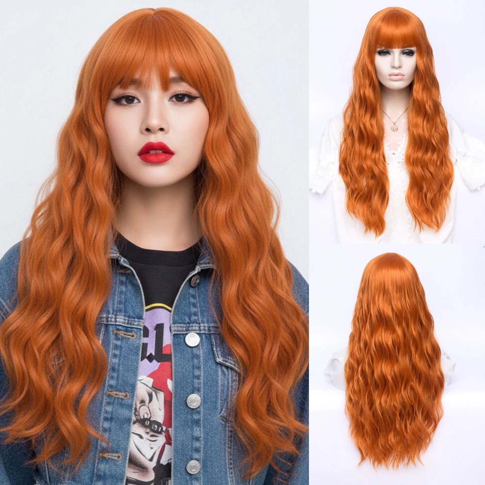 

Synthetic Long Wavy Orange Wigs With Bangs For Women Heat-Resistant Cosplay Wig