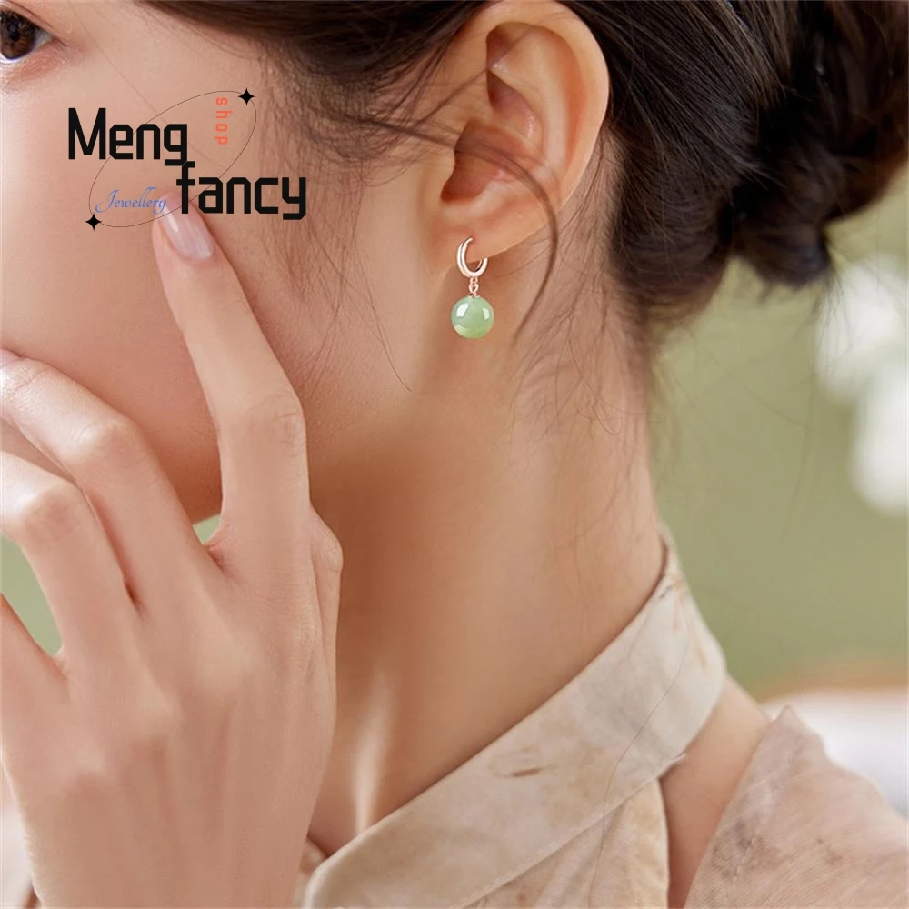 Genuine S925 Silver Inlaid Natural Hetian Jasper Round Beads Jade Earrings Fashion Luxury Jewelry Sexy Young Girls Holiday Gifts