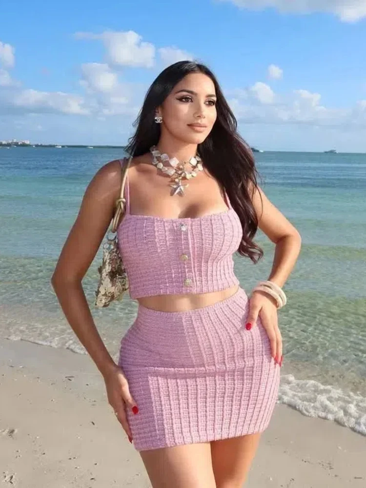 

Knit Stretch Dress Top Skirt Shorts Suits Women Sexy Sleeveless Backless Bodycon Single Breasted Dresses Hip Package Mini Skirts