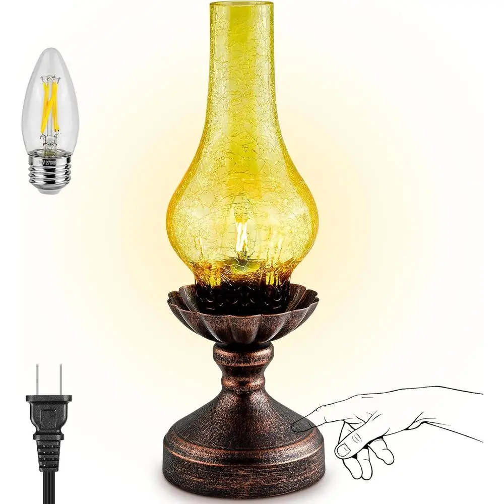 

3-Way Dimmable Vintage Table Lamp with Amber Glass Shade for Bedroom, Living Room, Cabin, and Office