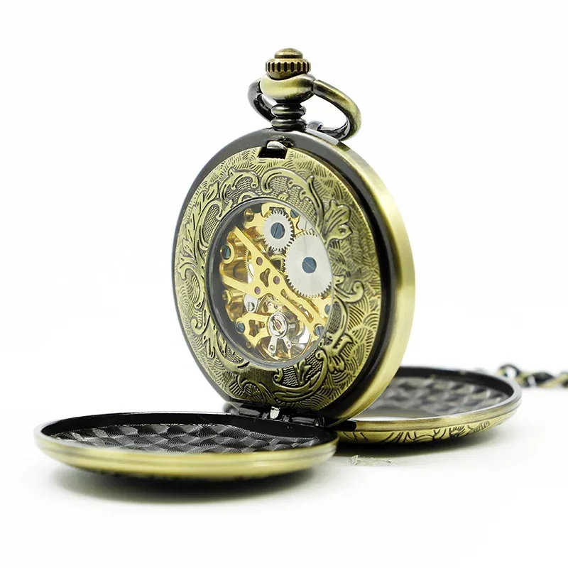 

PJX1252 Automatic Mechanical Pocket Watch Skeleton Fashion Chain Fob Copper Steampunk Exquisite Bronze Clock Gift