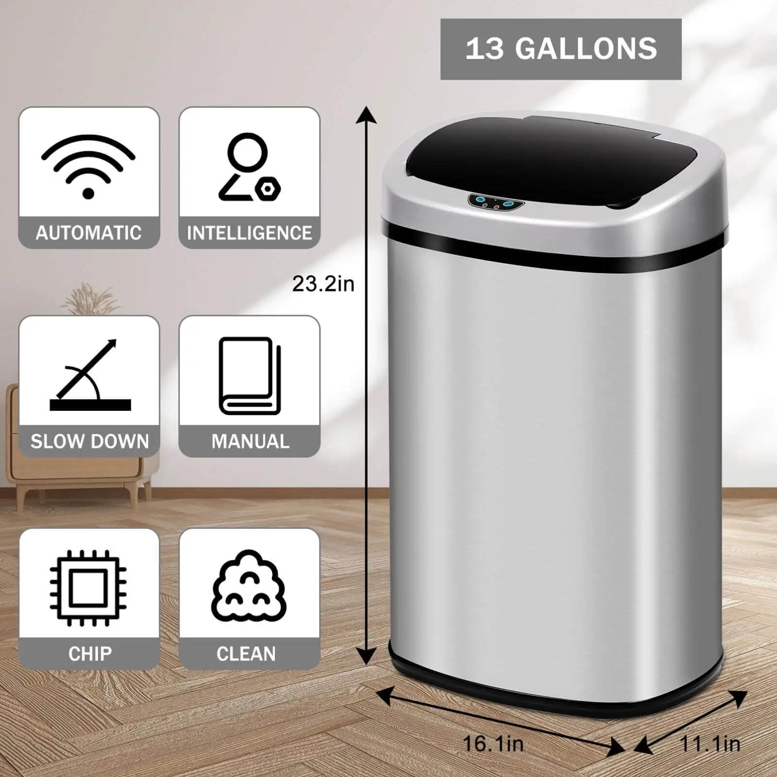 Kitchen Trash Can with Lid, 13 Gallon Automatic Stainless Steel Garbage Can with Touch-Free & Motion Sensor image 6