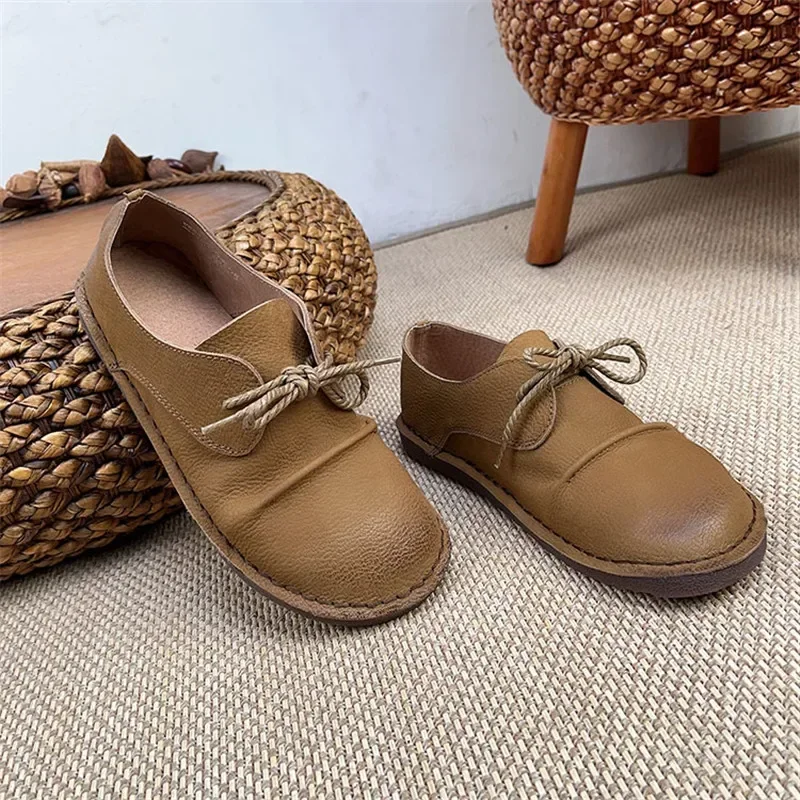 2024 Spring Summer New Genuine Leather Women Shoe Casual Leather Shoes For Women Flat Shoes Ladies Lacing Loafers