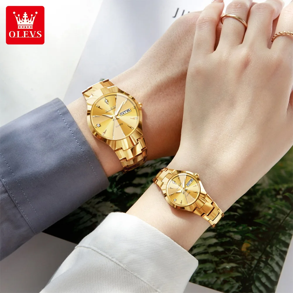 OLEVS 8697 Couple Watches Original Quartz Wristwatch Waterproof Luminous Tungsten Steel Week Date Men Women Watch