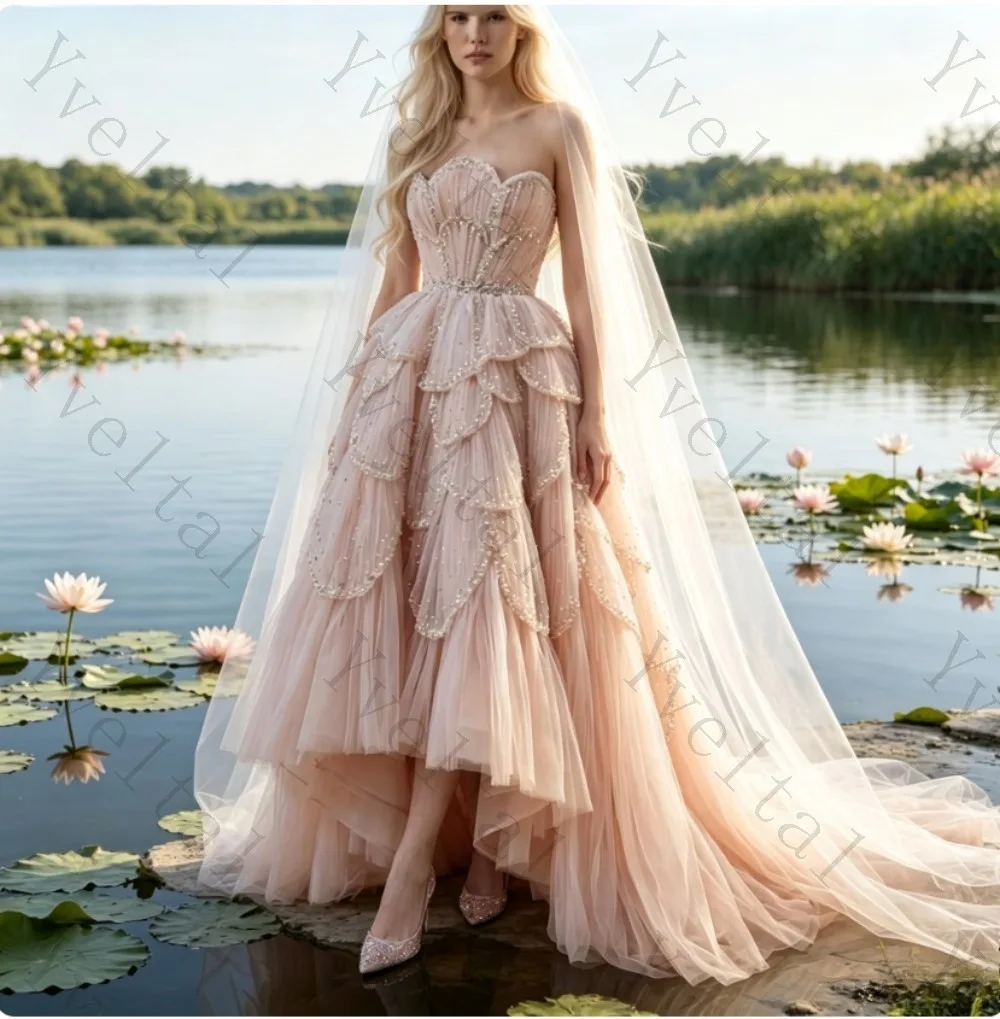 Customized  Temperament Detachable Luxury Strapless Tulle Wedding Dresses   Delicate Sequined Beading Charming Bridal Gown