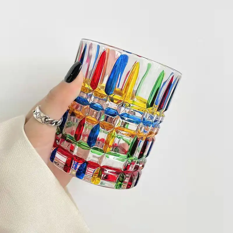 European-Style Hand Painting Glass Cup Trending Creative Lattice Square Woven Glass Cup Bar Whiskey Shot Glass