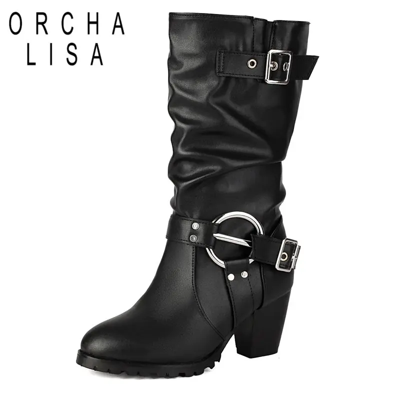 

ORCHA LISA Fashion 2025 Design Women's Mid Calf Boots Round Toe 6.5cm Chunky Heel Slip On Metal Decor Plus Size 46-48 Daily